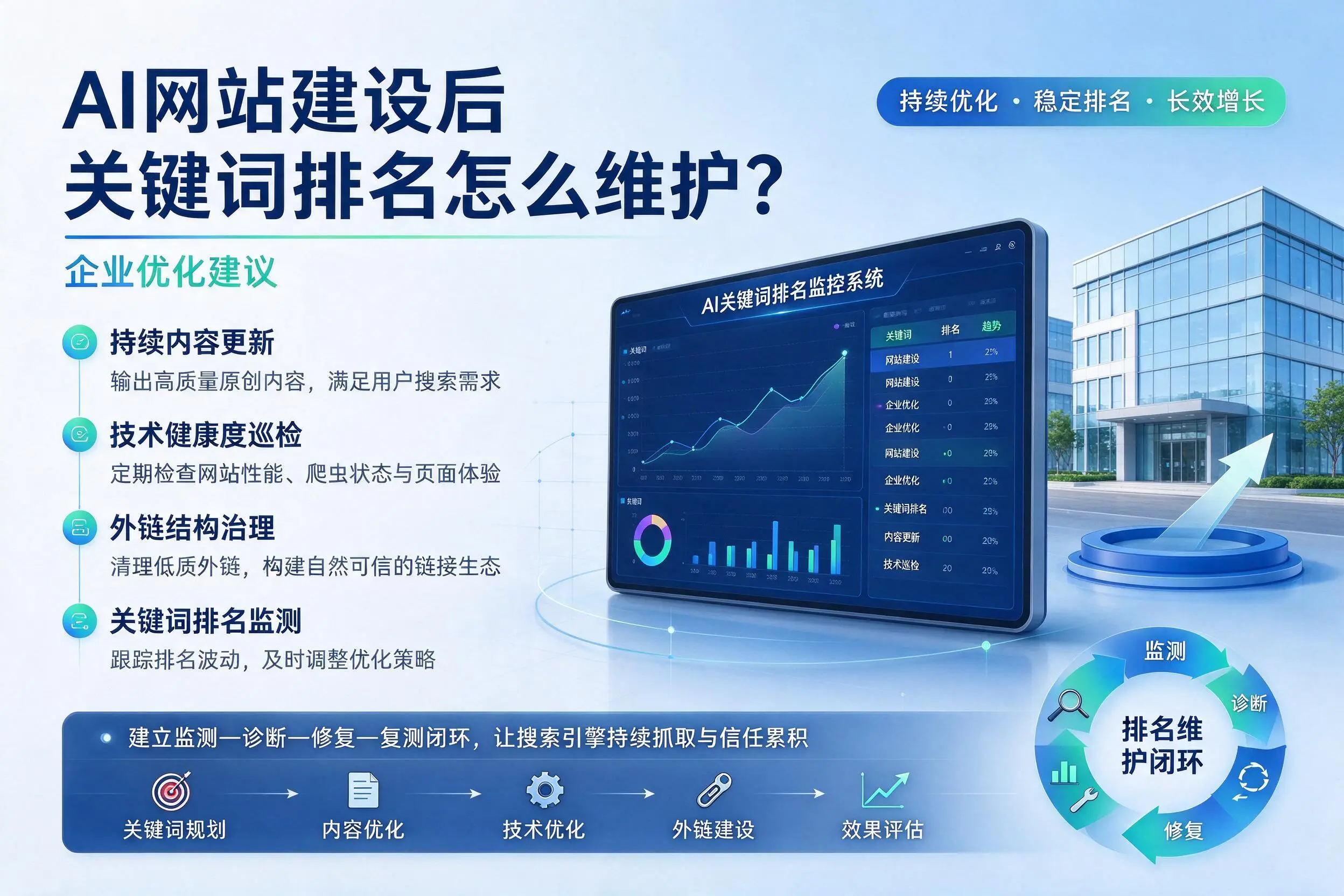 AI网站建设后关键词排名怎么维护？盘锦企业优化建议